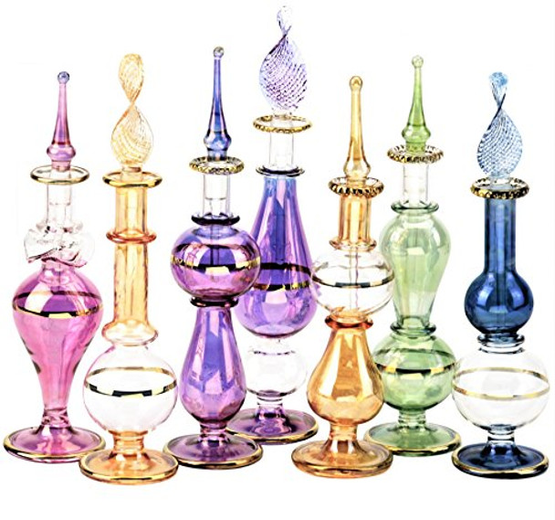 Egyptian Perfume Bottles Wholesale Set Of 12 Size 4" mouth-blown with handmade golden Egyptian decoration for Perfumes & Essential Oils.