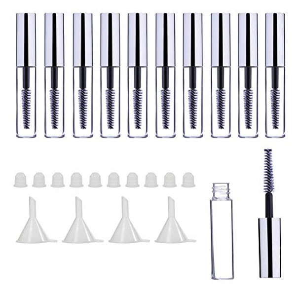 10Pcs 10ml Empty Mascara Tube and Wand, DIY Mascara Container with Cap, Eyelash Tubes Vials Bottle with Rubber Inserts and Funnels Kit for Castor Oil(Sliver)