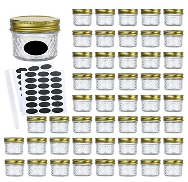 4oz Glass Jars With Regular Lids,Mini Wide Mouth Mason Jars,Clear Small Canning Jars With Gold Lids,Canning Jars For Honey,Herbs,Jam,Jelly,Baby Foods,Wedding Favor,Shower Favors 40 Pack … …