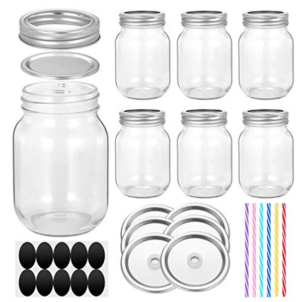 Mason Jars 16 oz, 6 PACK Regular Mouth Canning Jars, with 6pcs Extra Canning Lids, Ideal for Food Storage, Jam, Body Butters, Jelly, Wedding Favors, Baby Foods