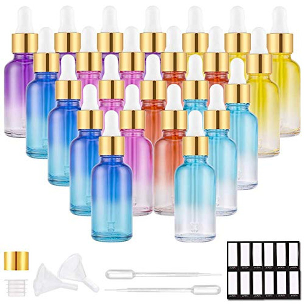 Eye Dropper Bottles 1oz (Rainbow Colored Glass Bottle 24 Pack 30ml with Golden Caps, 48 Labels, Funnel & Measured Pipettes) Empty Tincture Bottles for Essential Oils, Perfume