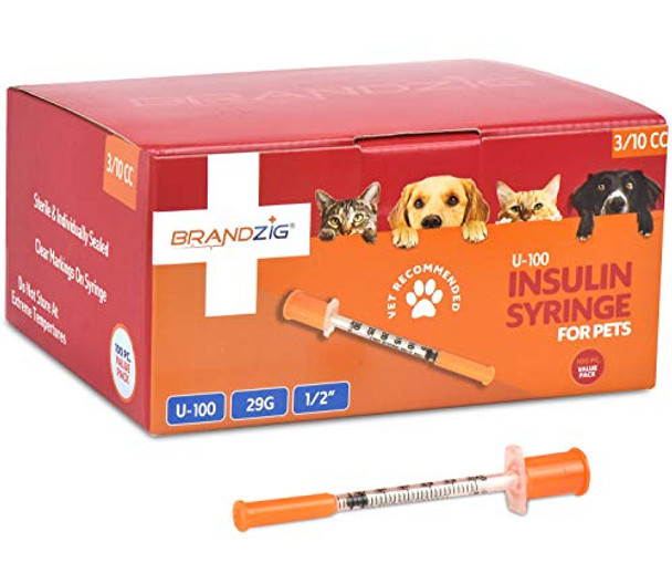 U-100 Pet Insulin Syringes 29G 3/10cc, 1/2" 100-Pack