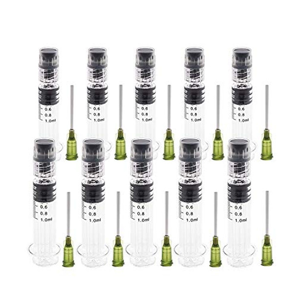 10 Pack Borosilicate Glass Luer Lock Syringe - 1ml Capacity Reusable, Heat Resistant Tube for Labs - Use for Thick Liquids, Glue, Lab, Ink - with Bonus 14GA Blunt Tip Non-Hypodermic Needles