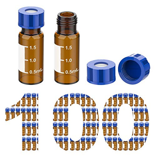 100 Pcs Membrane Solutions 2ml HPLC Sample Vials, Autosampler Vials, 9-425 Amber Vials with Write-on Spot, Graduations, 9mm Blue ABS Screw Caps & Septa for GC Sample vials