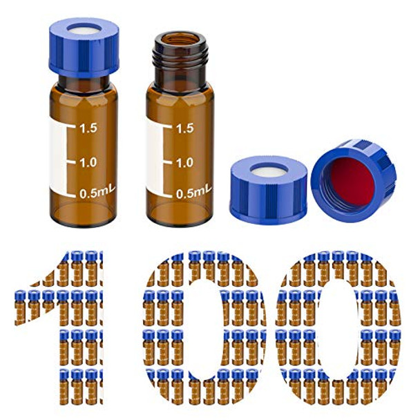 100 Pcs Membrane Solutions Autosampler Vials, 2mL HPLC Sample Vials, 9-425 Vial Amber Glass Bottles with Write-on Spot, Graduations, 9mm Blue ABS Screw Caps & Septa for GC Sample vials