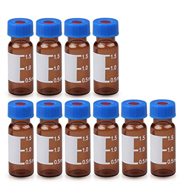 Autosampler Vial, 2ml HPLC Vial with Caps, 9-425 Amber Vial with Blue Screw Caps,Writing Patch,Graduation,White PTFE & Red Silicone Septa Fit for LC Sampler(100pcs,Brown)