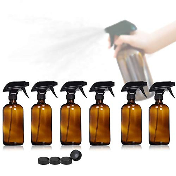 16oz Amber Glass Spray Bottles 6 Pack Refillable Essential Oils Container with Trigger Sprayer Mist and Stream Settings for Aromatherapy Cleaning Products