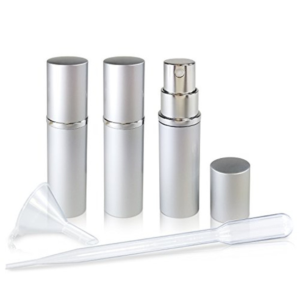 Refillable Perfume & Cologne Fine Mist Atomizers with Metallic Exterior & Glass Interior - 5ml Portable Travel Size - 3ml Squeeze Transfer Pipette Included (3 Pack, Silver)