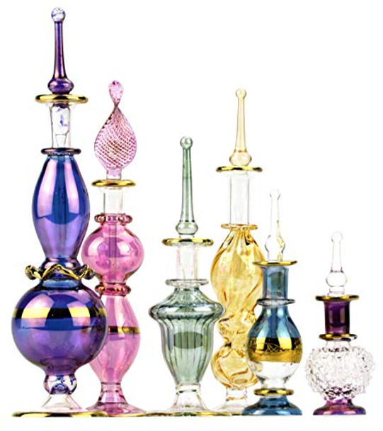 Egyptian Perfume Bottles 2-5 in Collection Set of 6 Mouth-Blown Decorative Pyrex Glass with Handmade Golden Egyptian Decoration for Perfumes & Essential Oils
