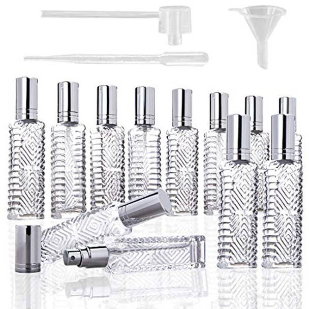 12pcs Engraved Taj Mahal Style Clear Glass Atomizer Spray Bottles Empty Refillable for Perfume Essential Oil,Packed with Funnels Pipettes Dispensers