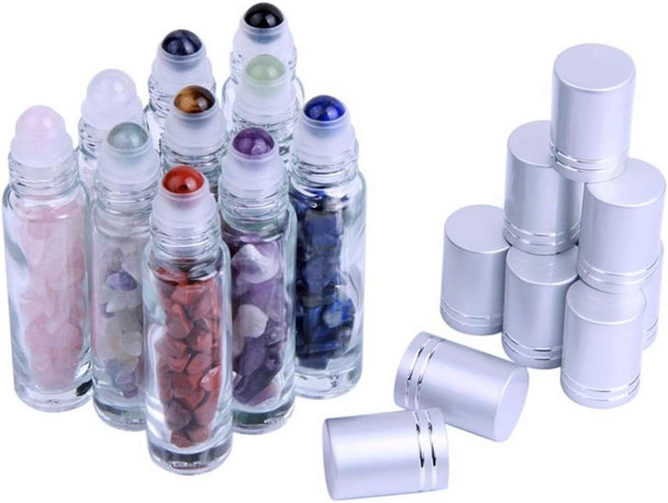 Natural Gemstones Essential Oil Roller Bottles Clear Glass Roll-on Bottles Gemstone Perfume Sample Vials with Crystal Stone Roller Balls & Healing- Pack of 12