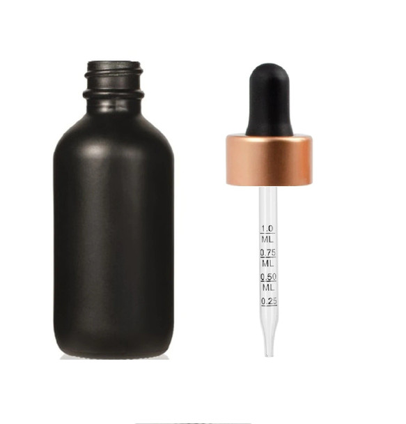 2 Oz Matte Black Glass Bottle w/ Black Rose Gold Calibrated Glass Dropper