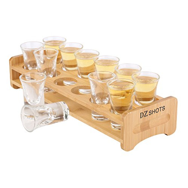 D&Z 12 Pcs Shot Glass Set with Tray,Thick Base Crystal Clear Shot Glasses and Bamboo Holder for Barware, Shot Glass Display,Drinking Whisky Brandy Vodka Rum and Tequila Shot Set,0.75oz