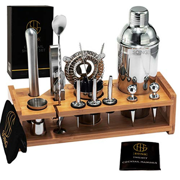 Soing Silver 24-Piece Cocktail Shaker Set,Perfect Home Bartending Kit for Drink Mixing,Stainless Steel Bar Tools With Stand,Velvet Carry Bag & Recipes Included