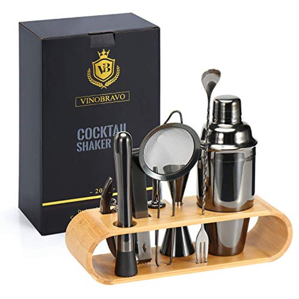 Bartender Kit: 10-Piece Bar Tool Set with Bamboo Stand - Perfect Home Bartending Kit and Cocktail Martini Shaker Set to Mix Drinks with Classic Cocktail Recipes (Black)