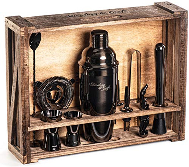 Bartender Kit: 11-Piece Bar Tool Set with Rustic Wood Stand | Perfect Home Bartending Kit and Cocktail Shaker Set For an Awesome Drink Mixing Experience (Gun-Metal Black)