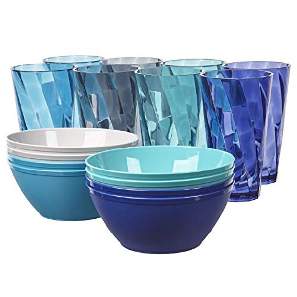 Plastic Cup and Bowl Set with 8 20-ounce Water Tumblers and 8 Cereal Bowls in 4 Coastal Colors