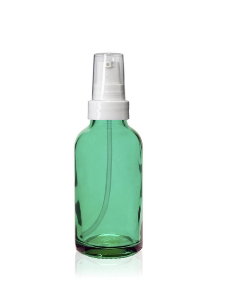 2 oz Caribbean Green Glass Bottle w/ White  Smooth Treatment Pump