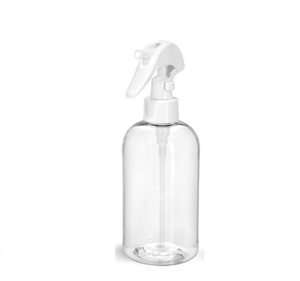 4 oz CLEAR PET Boston Round Bottle w/ White Mini Trigger Sprayer -120