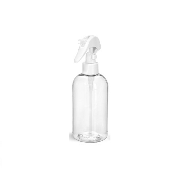 1 oz CLEAR PET Boston Round Bottle w/ White Mini Trigger Sprayer -120