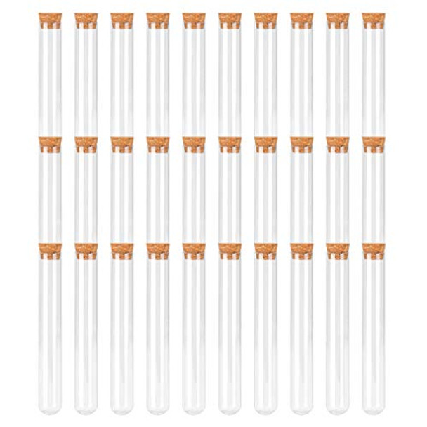 Muhome 15x150mm 25ml Plastic Test Tubes with Cork Stoppers for Gumball Candy Storage, Bath Salt Tubes, Hot Cocoa Containers, DIY Baby Shower Wedding Birthday Party Favors, Christmas Gift(30 Pack)