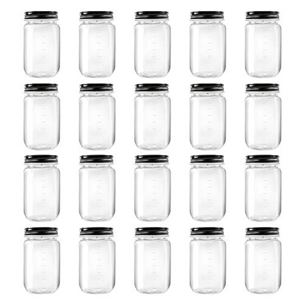 16 Ounce Clear Plastic Jars with Black Lids - Refillable Round Clear Containers Clear Jars Storage Containers for Kitchen & Household Storage - BPA Free (20 Pack)