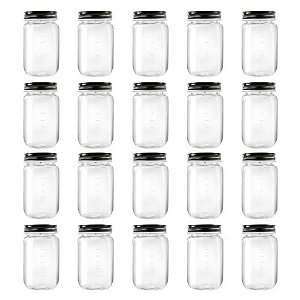 16 Ounce Clear Plastic Jars with Black Lids - Refillable Round Clear Containers Clear Jars Storage Containers for Kitchen & Household Storage - BPA Free (20 Pack)