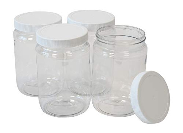 32 Oz Clear Plastic Mason Jars With Ribbed Liner Screw On Lids, Wide Mouth, ECO, BPA Free, PET Plastic, Made In USA, Bulk Storage Containers, 4 Pack (32 Ounces)