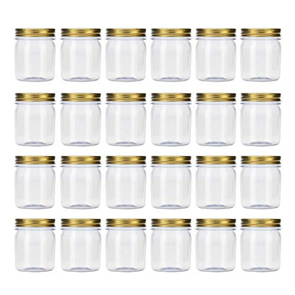 8 Ounce Clear Plastic Jars with Gold Lids - Refillable Round Clear Containers Clear Jars Storage Containers for Kitchen & Household Storage - BPA Free (24 Pack)