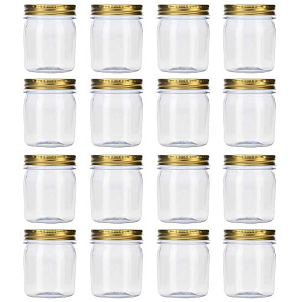 8 Ounce Clear Plastic Jars with Gold Lids - Refillable Round Clear Containers Clear Jars Storage Containers for Kitchen & Household Storage - BPA Free (16 Pack)