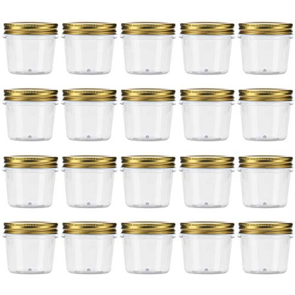 4 Ounce Clear Plastic Jars with Gold Lids - Refillable Round Clear Containers Clear Jars Storage Containers for Kitchen & Household Storage - BPA Free (20 Pack)