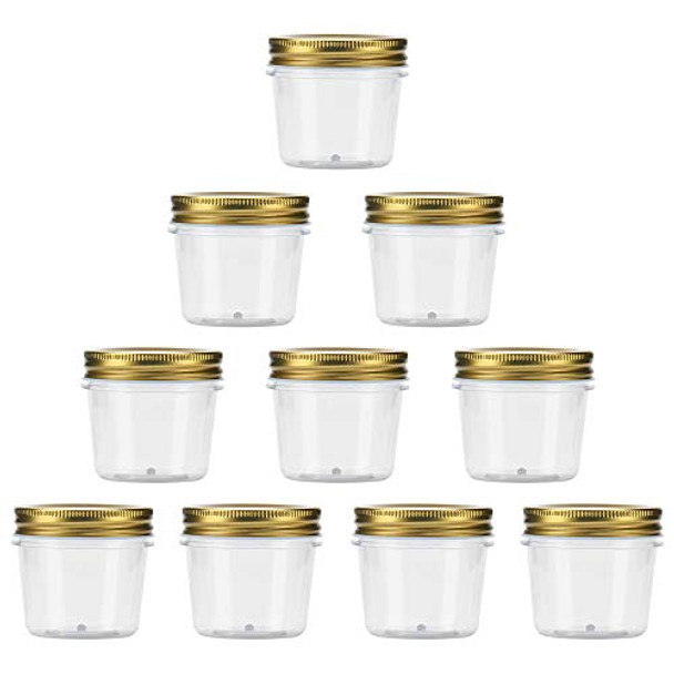 4 Ounce Clear Plastic Jars with Gold Lids - Refillable Round Clear Containers Clear Jars Storage Containers for Kitchen & Household Storage - BPA Free (10 Pack)