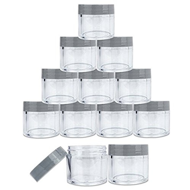 12 Piece 1 oz. USA Acrylic Round Clear Jars with Flat Top Lids for Creams, Lotions, Make Up, Cosmetics, Samples, Herbs, Ointments (12 Pieces Jars + Lids, GRAY)