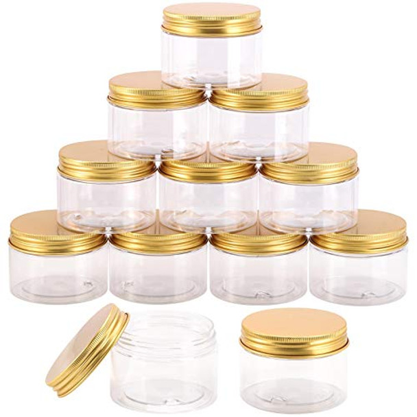 12-Pack 120ml Clear Plastic Slime Jars with Lids, Refillable Empty Round Containers for Cosmetics, Lotions, Gold