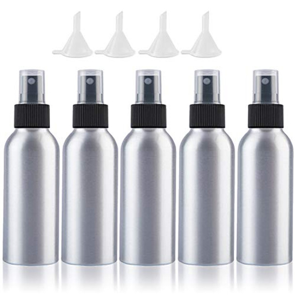 Empty Spray Bottles Travel Size 100ml/3.4oz 5 Pack Small Spray Bottle Aluminum Metal Fine Mist Refillable Atomizer Set with Lids for Liquids Skincare Cosmetic Perfume Storage, with 4pcs Small Funnels