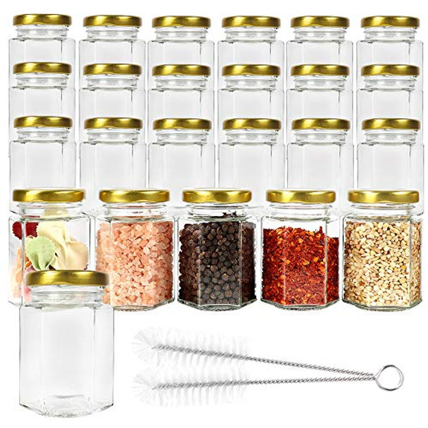 CycleMore 4oz Hexagon Glass Jars with Gold Lids, Clear Glass Canning Jars Jam Jars Bottles for Jams, Honey, Wedding Favors, Baby Foods, Gifts and Craft, DIY Spice Jars and More(Pack of 25)