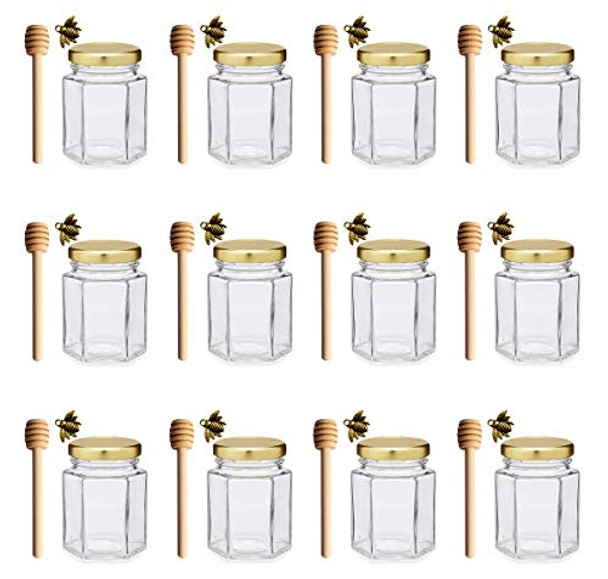 Adabocute 4 oz Hexagon Mini Glass Canning Jars (12-pack) with Gold Lid for Wedding Favors, Baby Shower, Honey, 12 pack 4'' Wooden Honey Dipper, 12 Pack Alloy Bee Honeybee Charm Pendants