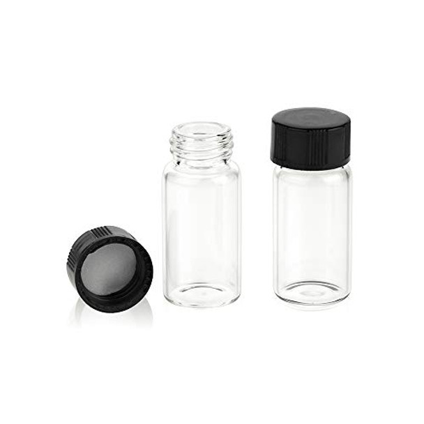 Clear Glass Sample Vial, Liquid Sampling Sample Glass Bottle, 5ml(0.17oz) Capacity, 18mm.I.D. 40mm, 15-425 Thread Black Closed Top Cap,PE Liner, Pack of 100