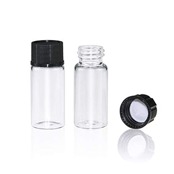 Clear Glass Sample Vial, Liquid Sampling Sample Glass Bottle, 10ml(0.3OZ) Capacity, 22mm.I.D. 52mm, 18-400 Thread Black Closed Top Cap,PE Liner, Pack of 100