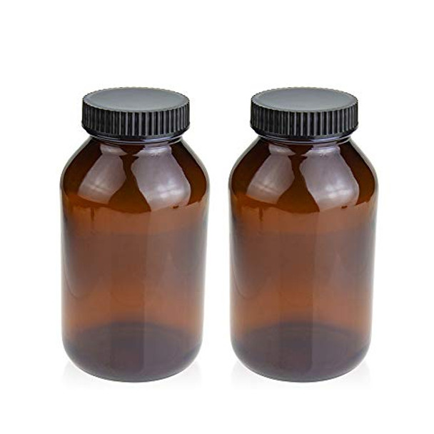 Wide Mouth Paker Bottle, Amber Glass, 500ML (16oz) Capacity with 53-400 Black Polyethylene Screw Cap Lined PE Septa, Package of 12 Units