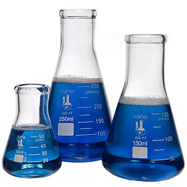Glass Erlenmeyer Flask Set - 3 Sizes - 50, 150 and 250ml, Karter Scientific