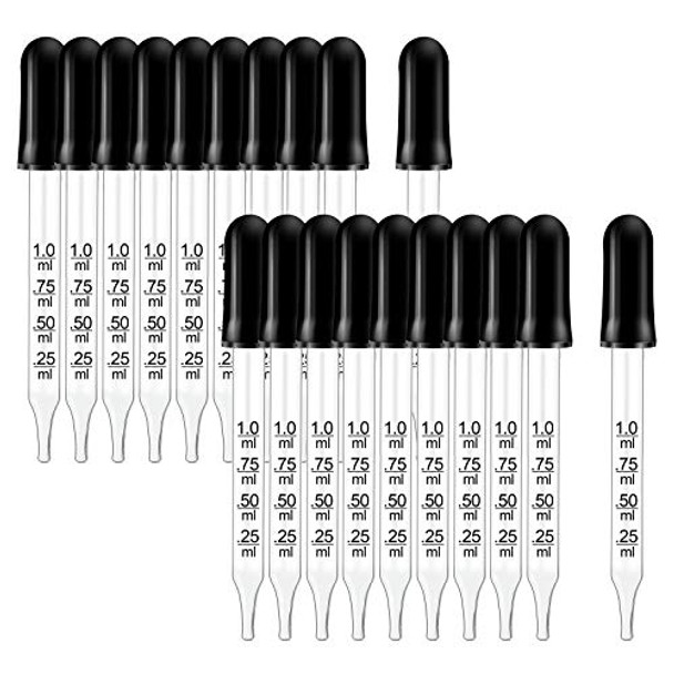 Glass Dropper Medicine 1ml, Teenitor Essential Oils Eye Dropper Pipette Dropper with Black Suction Bulb, Straight-Tip Calibrated Droppers for Medicine Art Liquid Plant Nutrients 20 Pack