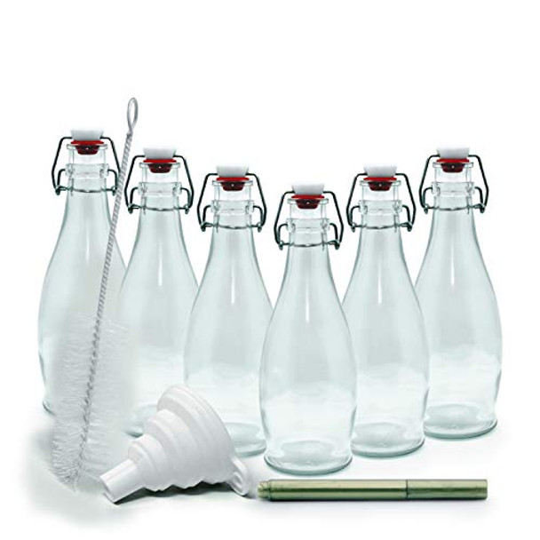 mockins Set of 6 | 8.5 Oz. Glass Bottle Set with Swing Top Stoppers and Includes Bottle Brush , Funnel and Gold Glass Marker | Clear Glass Water Bottle