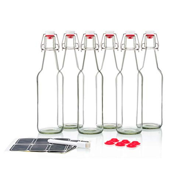 Swing Top Glass Bottles CERAMIC TOPS - Flip Top Bottles For Kombucha, Kefir, Beer - Clear Color 16oz Size - Set of 6 Brewing Bottles - Leak Proof With Easy Caps - Bonus Gaskets Quick Cleaning Design