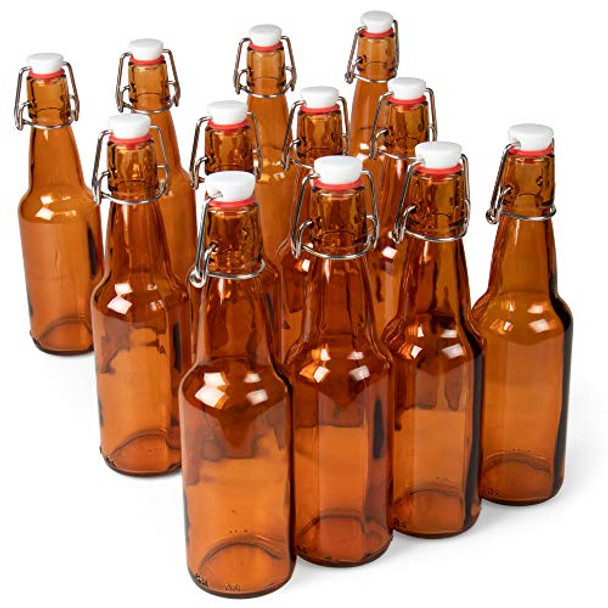 11 oz. Amber Glass Grolsch Beer Bottles Airtight Seal with Swing Top/Flip Top Stoppers - Supplies for Home Brewing & Fermenting of Alcohol, Kombucha Tea, Wine, Homemade Soda (12-pack)