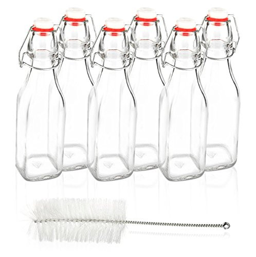 Swing Top Square Glass Bottles - 6-Piece Flip Top Leak Proof Water