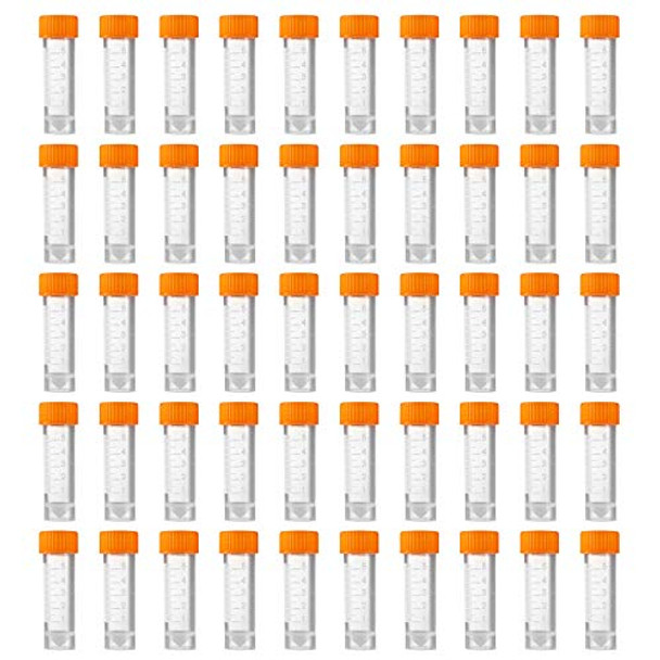 Eowpower 50pcs 5ml Flat Bottom Plastic Graduated Vial Storage Container Test Tubes with Screw Caps