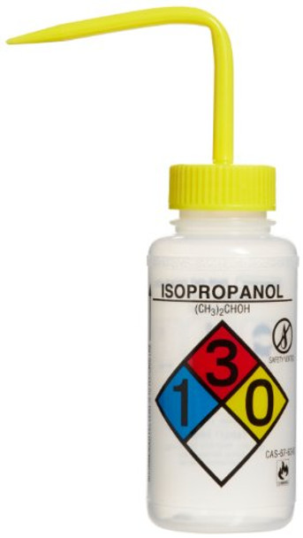 SP Scienceware Bel-Art Right-to-Know Safety-Vented/Labeled 4-Color Isopropanol Wide-Mouth Wash Bottles; 250ml (8oz), Polyethylene w/Yellow Polypropylene Cap (Pack of 4), Translucent (118080008)