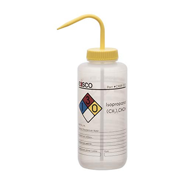 Wash Bottle for Isopropanol, 1000ml - Labeled with Color Coded Chemical & Safety Information (4 Colors) - Wide Mouth, Self Venting, Low Density Polyethylene - Eisco Labs