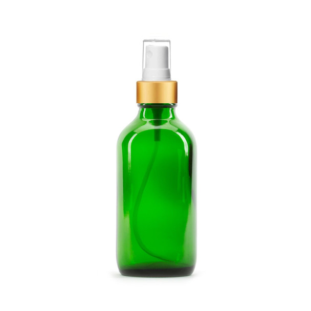 4 Oz Green Glass Bottle with  White Gold Fine Mist Sprayers
